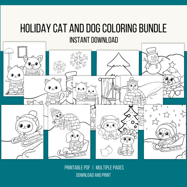 teal background, white stripe Holiday Cat and Dog Coloring Bundle, Instant Download, Btm. Printable PDF, Multiple Pages, Download and Print. Shows images of cats and dogs on pages with sleds, christmas trees, snowflakes, igloo, dressed as sweater