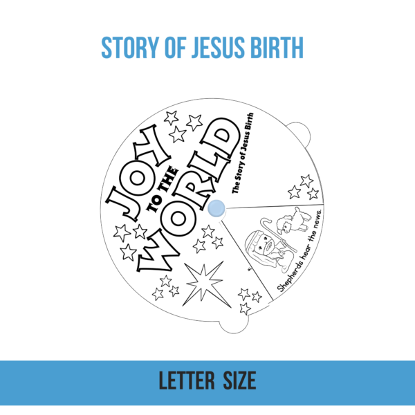 white background, says story of Jesus birth, Joy to the World assembled circle wheel craft, showing the shepherd hear the news, letter size.