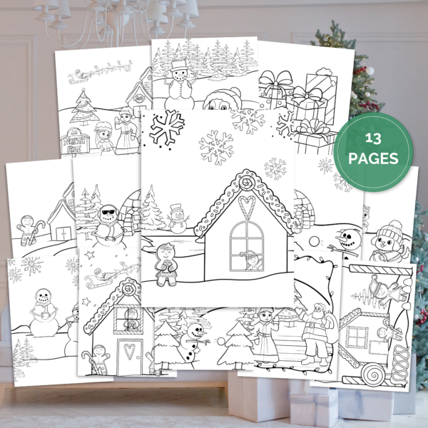 Christmas living room, shows images of forest, presents, snowman, gingerbread boy waving out the window to the gingerbread girl with snowflakes, says 13 pages, shows a snowman throwing a snowball, Snowman having outside his igloo, santa and ms Claus