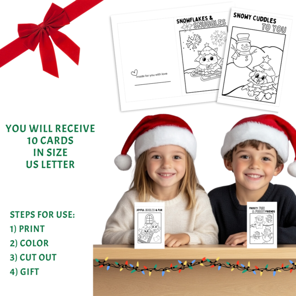 white background, shows red bow in corner, You will receive 10 cards in size US letter, Print, Color, Cut Out, Gift. Shows two kids at a counter top with a card in front of each of them, Shows full size and folded card.