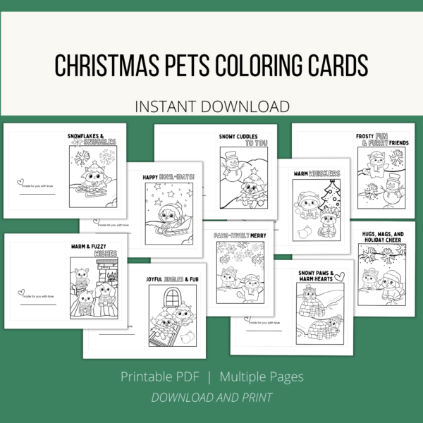 green background, white stripe Christmas Pets Coloring Cards, Instant Download, btm. Printable PDF, Multiple Pages, Download and Print. shows all 10 cards with cats and dogs in different scenes with sayings like Snowflake & Snuggles, Happy Howl-idays