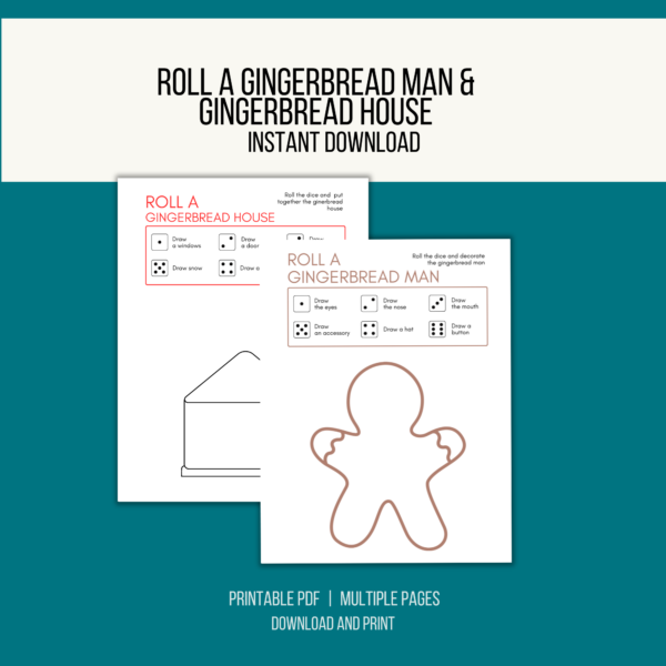 teal background, white stripe, Roll a gingerbread man& gingerbread house, instant download, btm. printable pdf, multiple page, download and print. Shows the 2 printable pages with instructions and in simple red and brown colors.