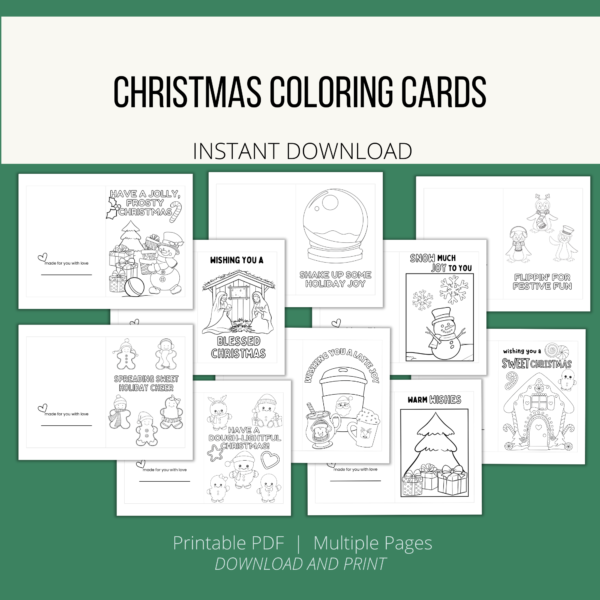 green background, white stripe Christmas Coloring Cards, Instant Download, btm. Printable PDF, Multiple Pages, Download and Print. Shows all 10 cards, coffee, snow globe, snowman, gingerbread house, gingerbread man,christsmas tree, penguins, manger