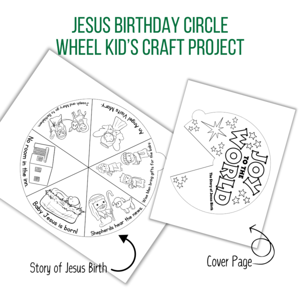 white background, Jesus Birthday Circle Wheel Kid's Craft Project, Story of Jesus Birth, Cover Page, shows Joy to the World and many stars with story of birth, shows Jesus born, and the sharing of news and gifts from 3 kings.