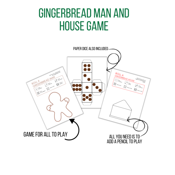 white background, Gingerbread Man and House Game - Paper Dice Also Included, shows image, Game for All the Play shows image of gingerbread man outline, all you need is a pencil to play and shows image of gingerbread house outline