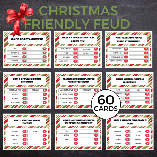 black chalkboard, Christmas Friendly Feud next to red bow, Shows 6 cards letter size with questions and answer with points, 60 Cards with red and green stripe cards