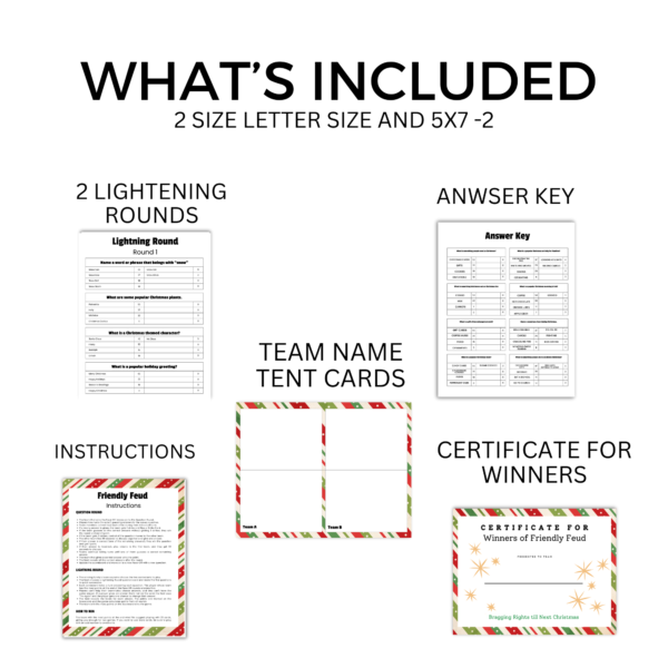 white background, What's Included, 2 size letter size and 5x7 - 2, 2 lightening rounds shows how they are, answer key with picture, instructions shows one page, team name tent cards with picture of card, certificate for winners with red and green