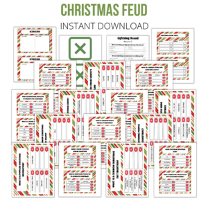 white background, christmas feud, instant download, bottom printable pdf, multiple pages, shows scorecards, strikes, lightening round, letter size cards, 2 per page cards.