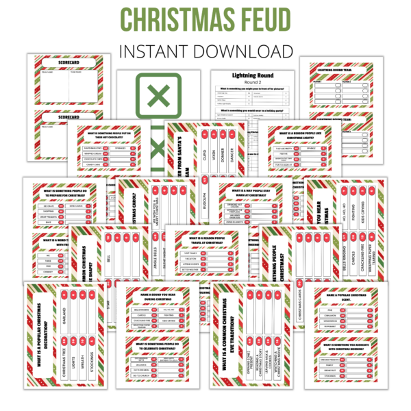 white background, christmas feud, instant download, bottom printable pdf, multiple pages, shows scorecards, strikes, lightening round, letter size cards, 2 per page cards.