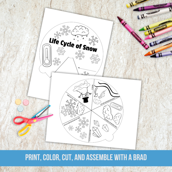 marble countertop, crayons, scissors, and brad pins, shows letter size cover and inside for life cycle of snow, with black and white images of ice crystals, snowflakes, snowman, on the circle wheel