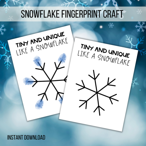 background of blues with snowflakes, says snow flake fingerprint craft, instant download, shows images finished and unfinished says tiny and unique like a snowflake handprint keepsake art project.