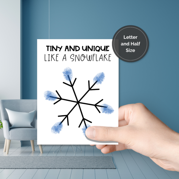 blue room with a hand holding the tiny and unique like a snowflake says letter and half size in a circle great for a winter quiet craft for preschool, Sunday school, day cares.