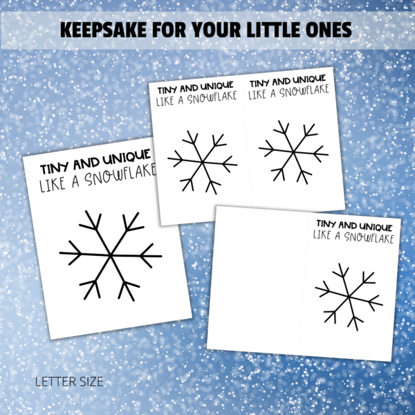 snowflake dot background, keepsake for your little ones says all on letter size, shows full page, shows 2 on half page, and then one that is a card ready to mail.