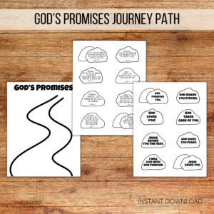 wood background, gods promises journey path, shows 3 papers one with a path and gods promises at the top, then one with rocks with bible verse, one with simple sayings for younger kids, ex. god forgives you, god makes you stronger, etc.