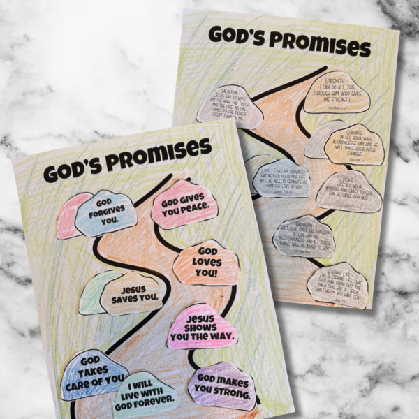 sitting on marble table, is the finished product, god's promises with colored versions of simple and more complex of rocks with God Loves you to bible verses of eternal life, provisions, peace, love, guidance, and more for this cut and glue craft kit