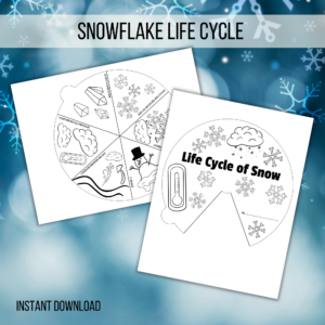 snowflake life cycle instant download shows two pages of the circle wheel with black and white images to be colored on a snowy background.