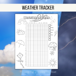 clouds, snow, lightening background, white stripe Weather Tracker, printable pdf, instant download, shows pictures of weather clipart to color and the tracker for the year with 7 keys.