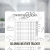 coloring weather tracker words then shows unclose of the tracker with numbers, months, title, umbrella, lightening, rain, rainbow, clouds in a home background.