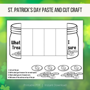 green shamrock background, St. Patrick's Day Paste and Cut Craft, printable pdf, instant download, shows image of a mason jar with What I Treasure with coins in the bottom and 4 slides to color and draw images of what you treasure.