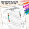marble background, markers, weather tracker page, design on your colors and fill them in each day, shows how the keys each have colors, and shows a few days colored in on the trackers with images to place in a planner.