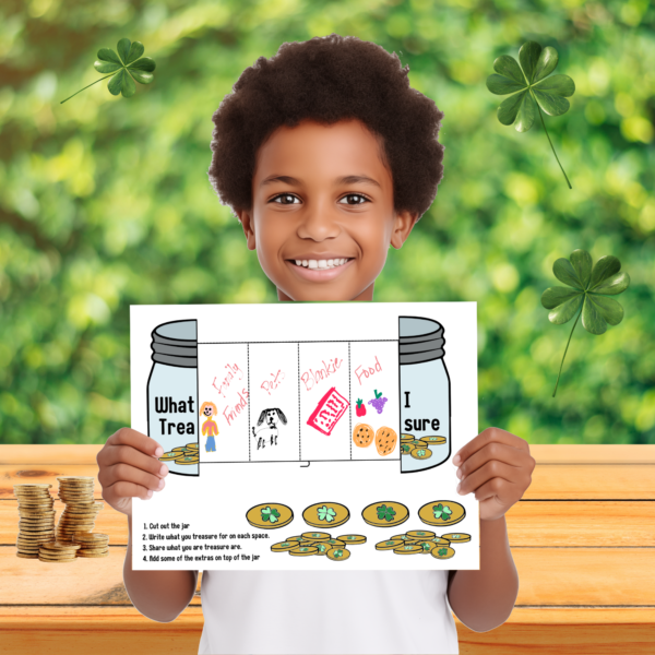 green background with table folding gold coins, shows a kid folding a mason jar for st paddy's day with different item proud to showoff what they colored