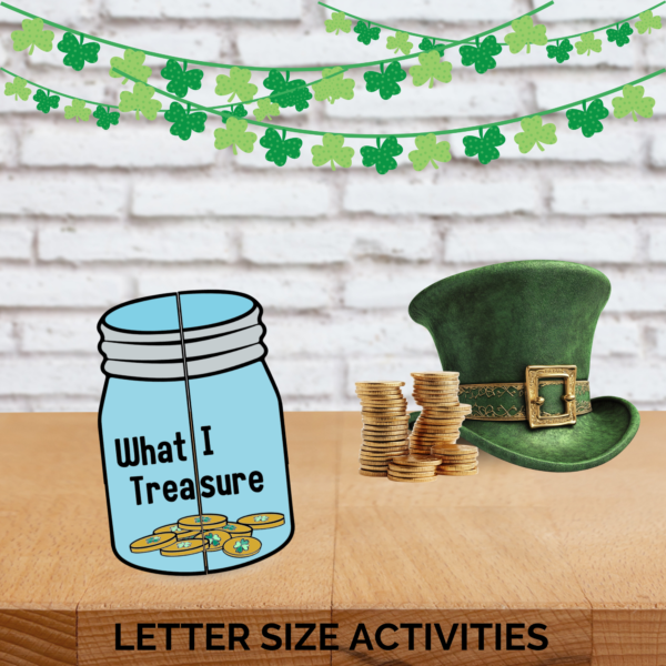 white brick wall with green shamrocks on them, table with green hat and gold coins, shows the mason jar colored, cut out, and folded together in this treasure gold coin letter size activities.