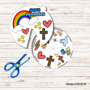 show white wood background with cut out images of the kids bible study wheel craft with gods promises, printable letter size pdf, shows scissors that cut it out, shows it colored in ready to be assembled.