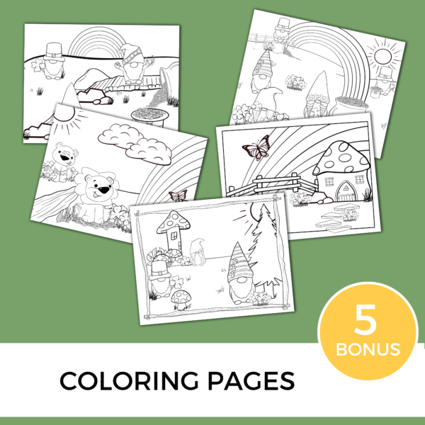 green background, white stripe coloring pages, yellow circle that says 5 bonus - shows gnomes and mushroom house with rainbows, gold coins, lions, rainbow and more on the coloring pages.