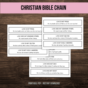 wood table, pink stripe Christian bible chain, printable pdf, instant download. Shows the three print outs with all 12 chain items to color and cut out with Love is Patient, Love Protects, Not Proud, is kind, craft kit coloring pages