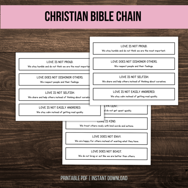 wood table, pink stripe Christian bible chain, printable pdf, instant download. Shows the three print outs with all 12 chain items to color and cut out with Love is Patient, Love Protects, Not Proud, is kind, craft kit coloring pages