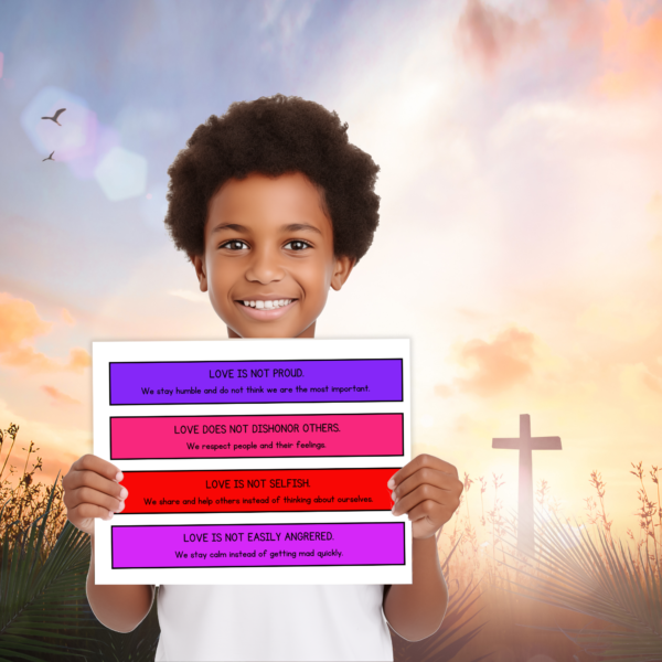 kid holding a colored version of the paper chain page with bible love valentines craft on it