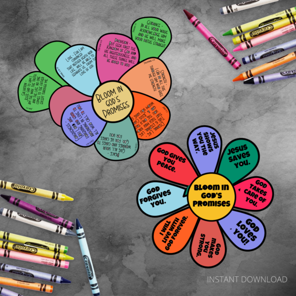 grey counter, crayons on countertop with two completed DIY bible craft kits of flowers one with simple sentences other with bible verses bloom in gods promises.