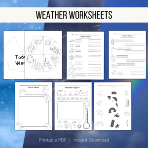 snow, rainbow, sun background, weather worksheets, printable pdf, instant download, shows circle wheel cover page and inside, weather words, favorite weather, weather report, shadow matching.