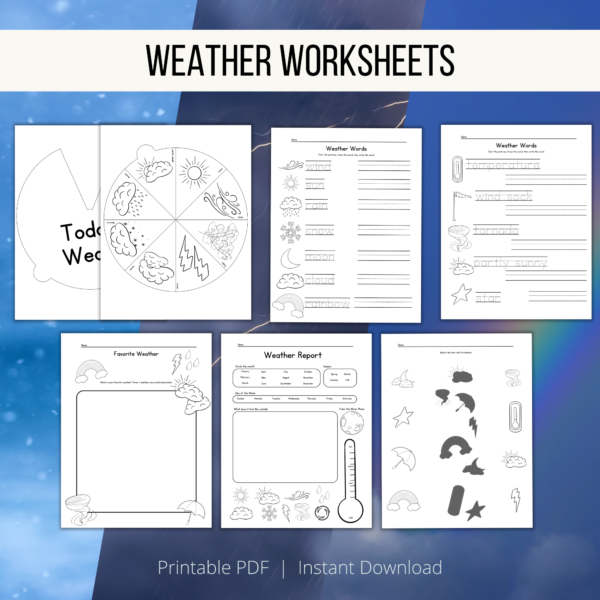 snow, rainbow, sun background, weather worksheets, printable pdf, instant download, shows circle wheel cover page and inside, weather words, favorite weather, weather report, shadow matching.