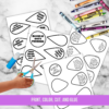 white marble countertop with crayons, glue stick, and hands with scissors. Shows papers with petals and center bloom in gods promises, with bible verses and simple sentences, christian craft cut and paste kit, says print, color, cut, and glue