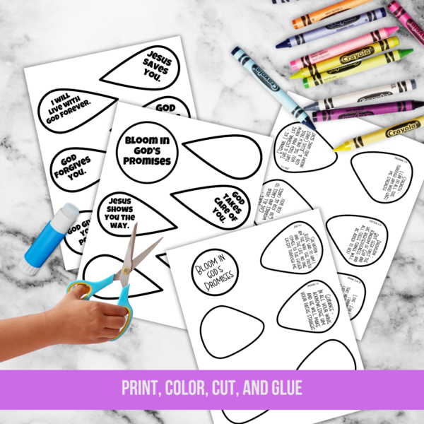 white marble countertop with crayons, glue stick, and hands with scissors. Shows papers with petals and center bloom in gods promises, with bible verses and simple sentences, christian craft cut and paste kit, says print, color, cut, and glue