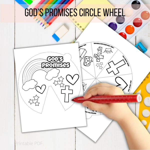 printable pdf, gods promises circle wheel, shows hand ready to color about gods promise on this sunday school craft with living with god forever, peace, being saved, forgiveness, god loves you, being strong, with coloring images