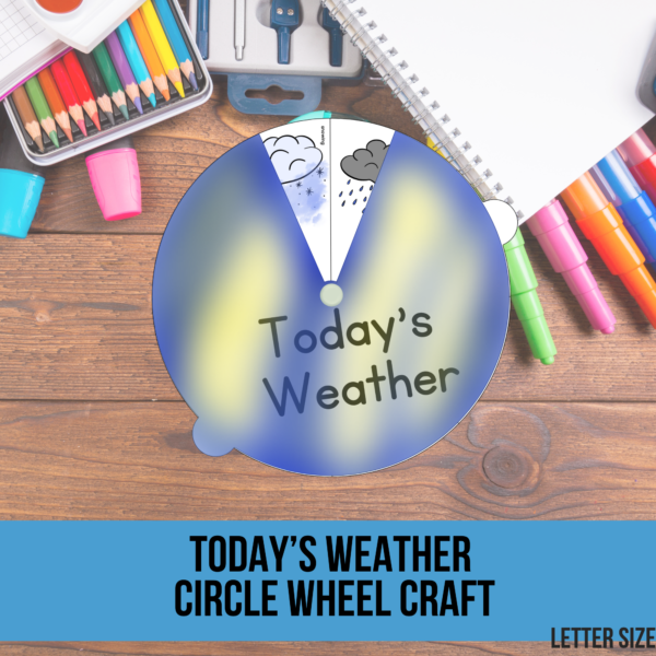 shows a colored weather wheel with blue and yellow cover, the images colored and shows the rain clouds and snow, on a desk with school supplies of a homeschooler.