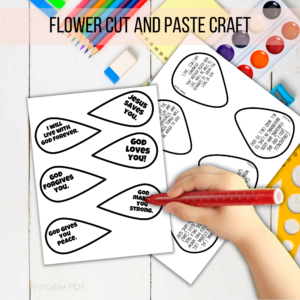 printable pdf, flower cut and paste kids bible study craft. shows children's hand ready to color the flower petals.