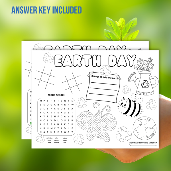 green leaf background, shows earth day placemat, answer key included, shows with coloring kids activities and games with tic tac toe, butterfly maze, dot to dot bee, recycling arrow, word search,