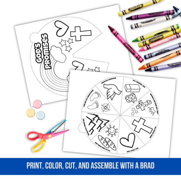 white background, crayon, scissors, brad pins sitting on desk, blue text print, color, cut and assemble with a brad, shows gods promise coloring wheel bible craft cover page, and then bottom with images to color and words.