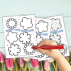 blue wood with tulips background, shows all three images you get with a hand with marker ready to write on the things I love about mom writing activity.
