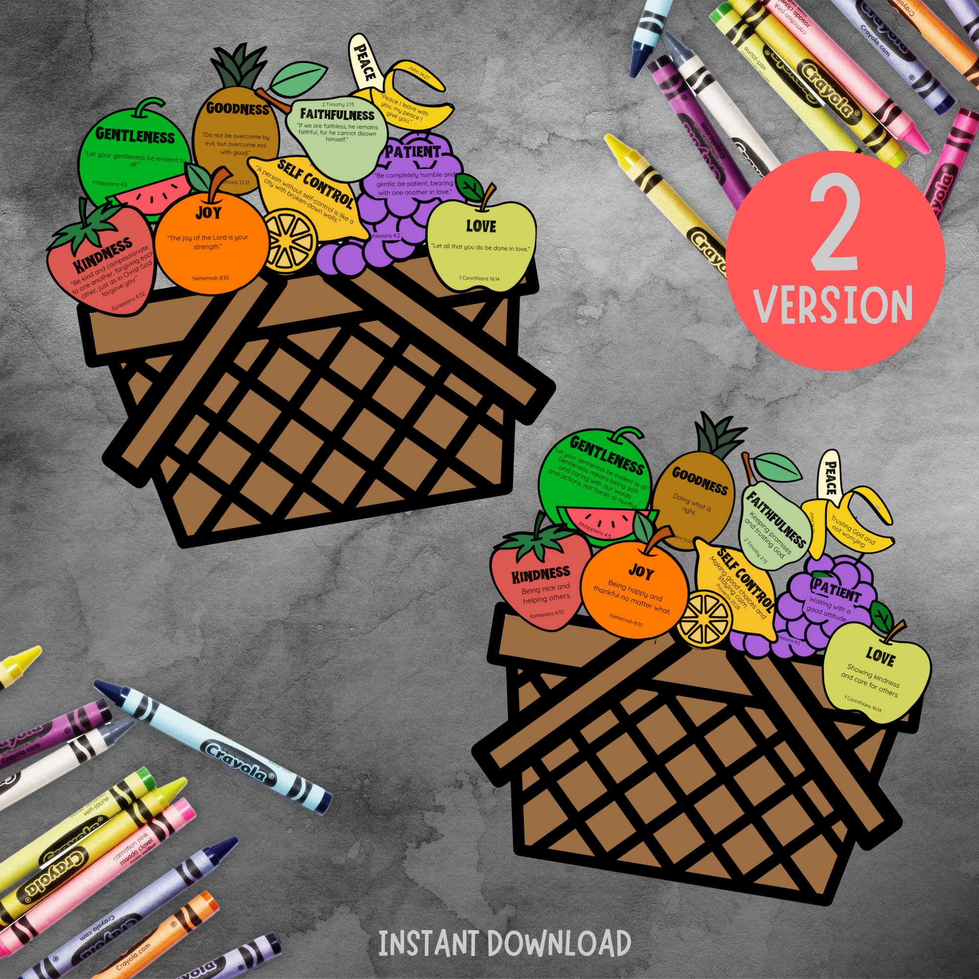 showing the finished fruit of the spirit picnic basket cut and paste craft kit one with verses the other with a description of each word sitting on a grey marble table with crayons, red circle that says 2 versions.