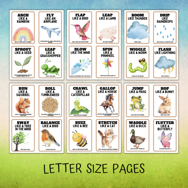 blue and green background, letter size pages on the bottom, shows all six pages that are included in the springtime selection of activity cards for indoors.