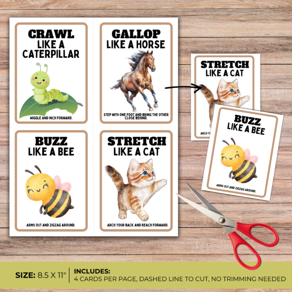 wood desk background, green stripe says size 8.5 x 11" and includes 4 cards per page, dashed line to cut, no trimming needed. shows letter page with crawl like a caterpillar, gallop like a horse, buzz like a bee, and stretch like a cat with spring activity cards. then shows scissors with the cards cut into 4.25 x 5.5.