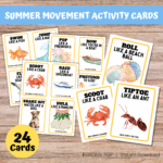 wood background, says summer movement activity cards on a blue stripe with white text, yellow circle says 24 cards, say printable pdf, instant download. Shows full size and individual cards with roll like a beach ball, tiptoe like an ant, scoot like a crab.