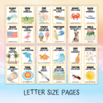 blue, pink, orange background, shows full page of all the cards you get for summer activity