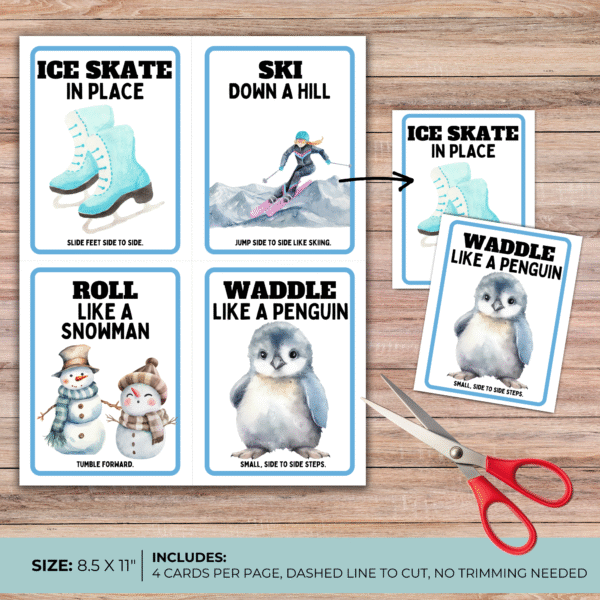 wood desk, has blue stripe that says size: 8.5 x 11, includes 4 cards per page, dashed line to cut, no trimming needed, shows a full page with scissors and then shows two of them cut out like ice skate in place, waddle like a penguin
