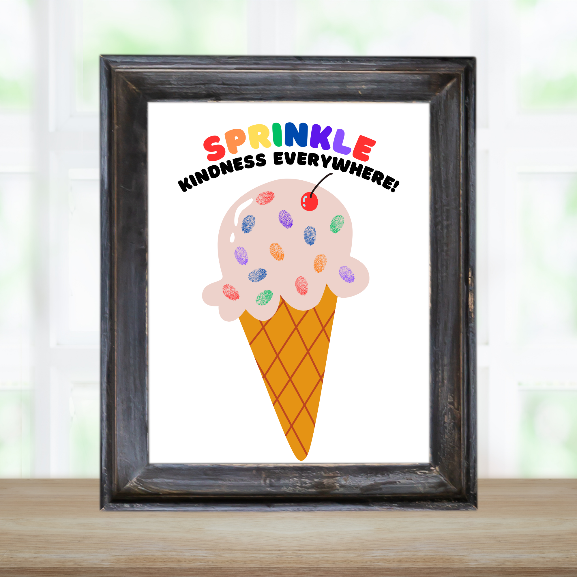 black frame holding the sprinkle kindness everywhere! with an ice cream cone that has fingerprints as sprinkles inside the frame sitting on a table