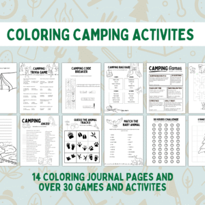 light green background, camping figures. Says coloring camping activities. bottom 14 coloring journal pages, and over 30 games and activities. Shows ispy, trivia, challenge, matching games, camping games, coloring, and drawing.